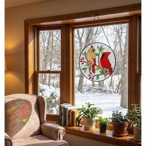 Sun Catcher Cardinal Red Birds Stained Glass Hanging Window Decor